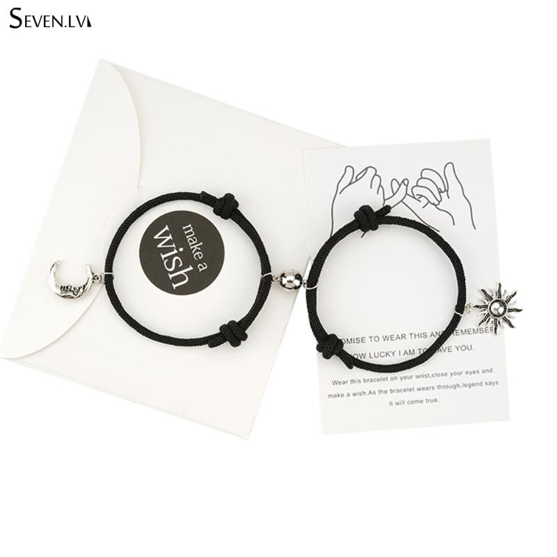 

Charm Bracelets 2pcs / Set Magnet Attract Couple Bracelet Sun Moon Braided Rope For Women And Men Card Jewelry Gift Wholesale, Golden;silver