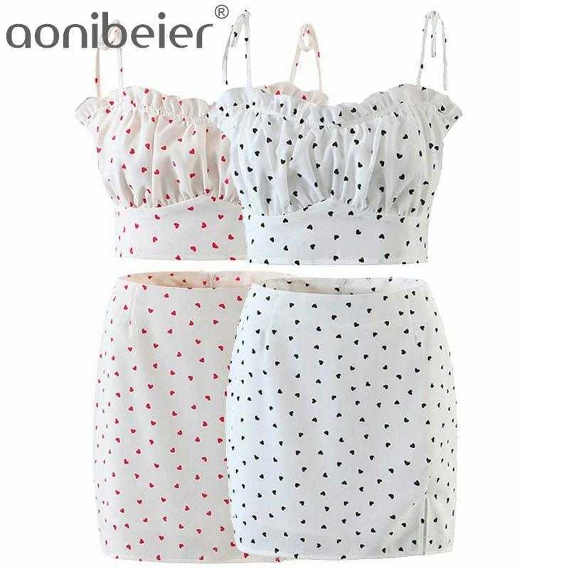 

Sweet Heart Print Women Outfits Summer Sleeveless Lettuce Trim Slim Cami Crop Tops and Mini Pencil Skirt 2 Piece Sets 210604, Black