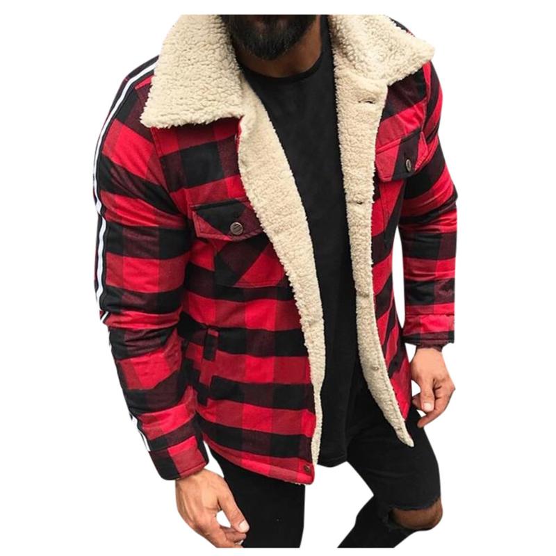 

Men's Jackets Fashion Plaid Jacket Windbreak Compound Cardigan Casual Streetwear Blouse Plush Tops Turndown Collar Outdoor Warm Coat#g3, Red