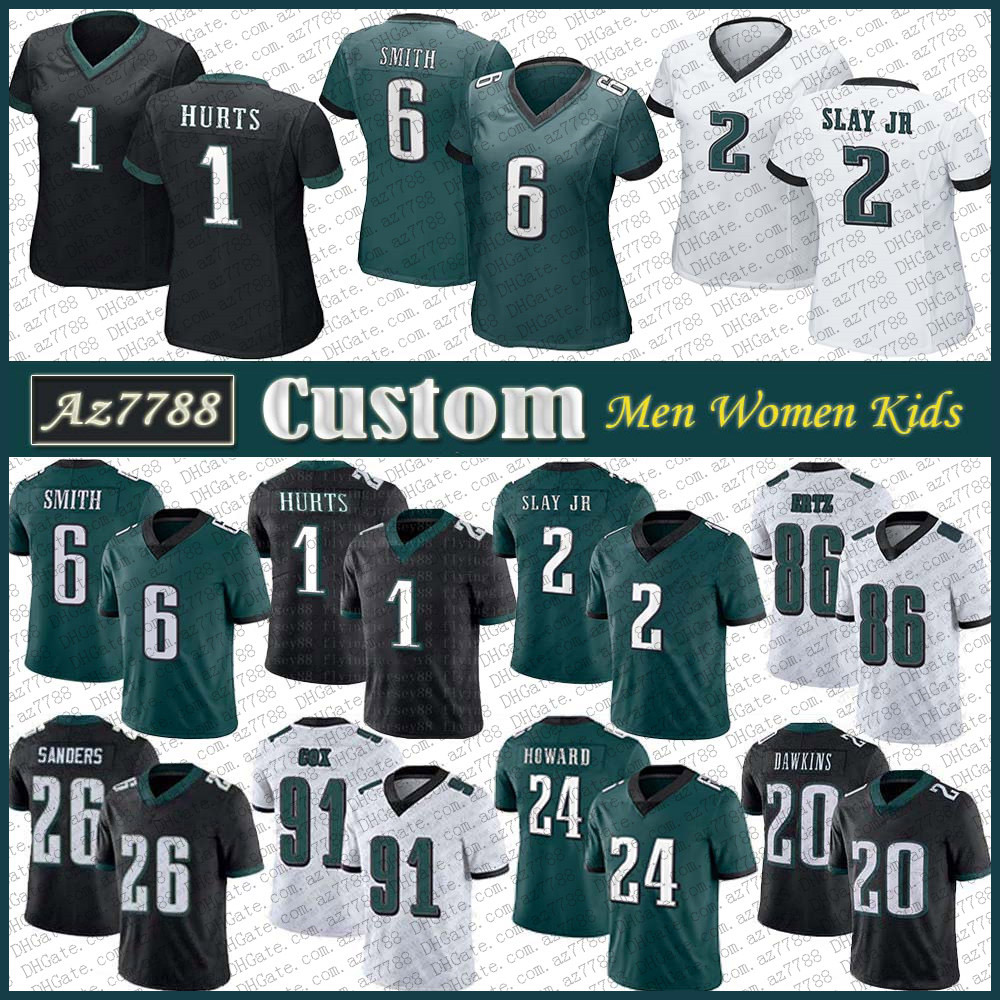

PHI 1 Jalen Hurts 6 DeVonta Smith Custom Men Women Kid Football Jersey 26 Miles Sanders 91 Fletcher Cox 86 Zach Ertz 62 Jason Kelce 2 Darius Slay 20 Brian Dawkins 24 Howard, Shown