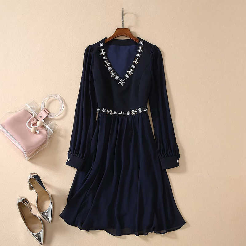 

High Quality Latest Fashion Designer Runway Dress Women's Long Sleeve Waistband Beading Collar 210526, Black