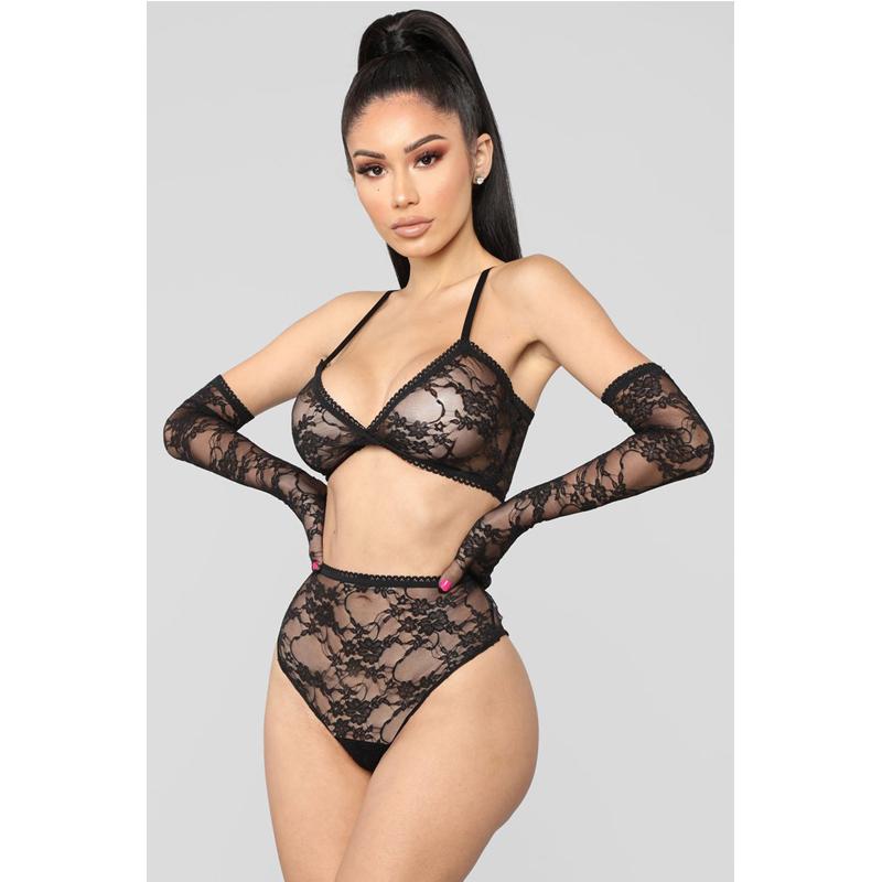 

Bras Sets Meihuida Womens Sexy Lingerie Exotic Lace Transparent Bralette Panty G-String Thong Gloves 3Pcs Solid Nightwear, Black