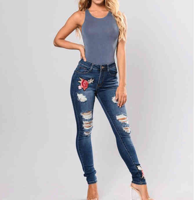 

female embroidered ripped jeans skinny trousers long denim pants for women large size bottom clothing 3xl, Blue