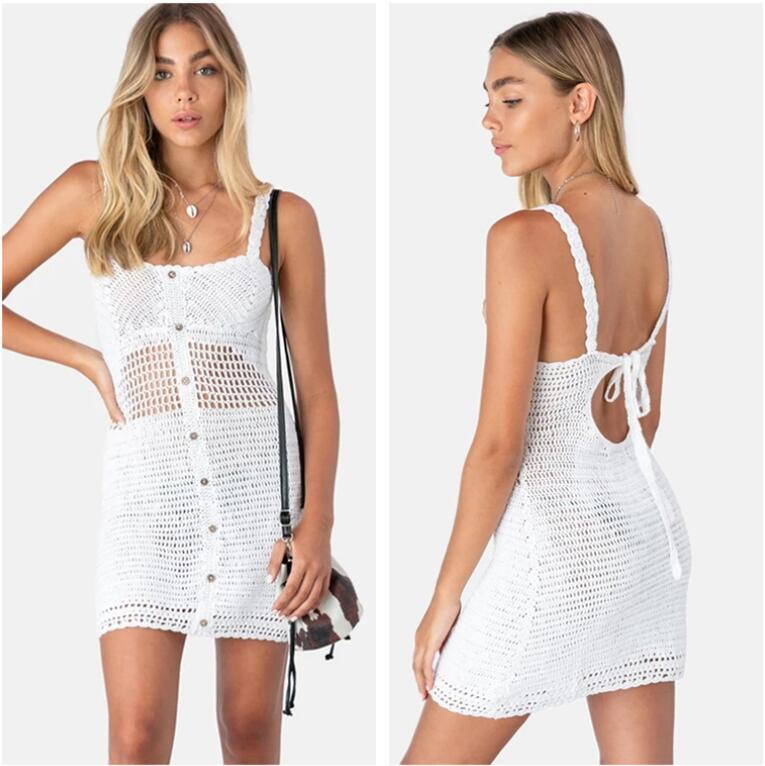 

Handmade Knitted Beach Dress Sexy Halter Bandage Bodycon Hollow Out Bikini Swimsuit Cover Up Transparent Tunic Sarongs