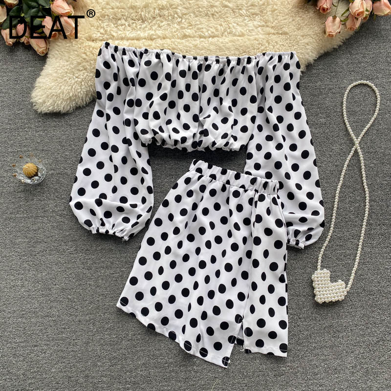

Women Skirt Slash Neck Polka Dot Half Sleeve Short Two Piece Set Fashion Temperament Spring Summer 11D338 210525, White