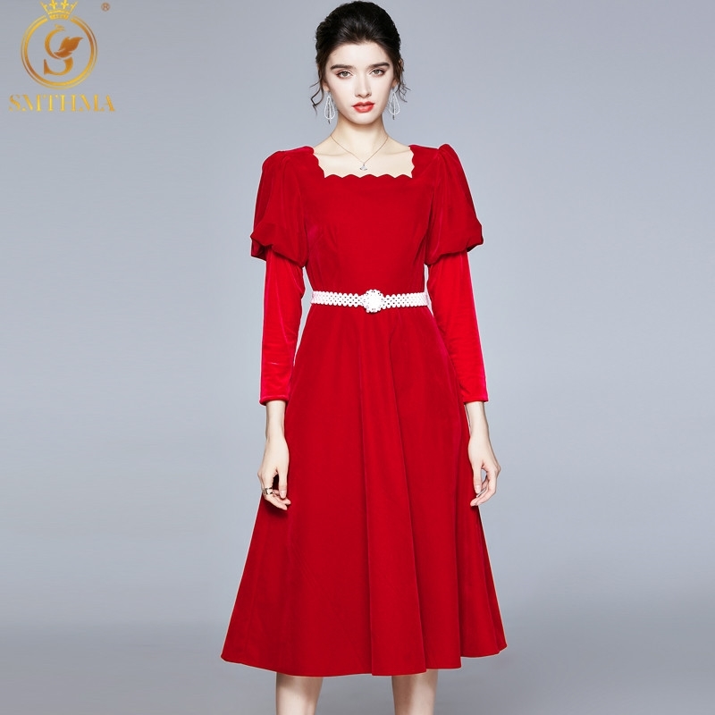 

Fashion Designer Winter Red Long Dresses Women Lantern Sleeve Vintage Elegant Belt Ladies Pleated Midi Vestidos 210520, Photo color