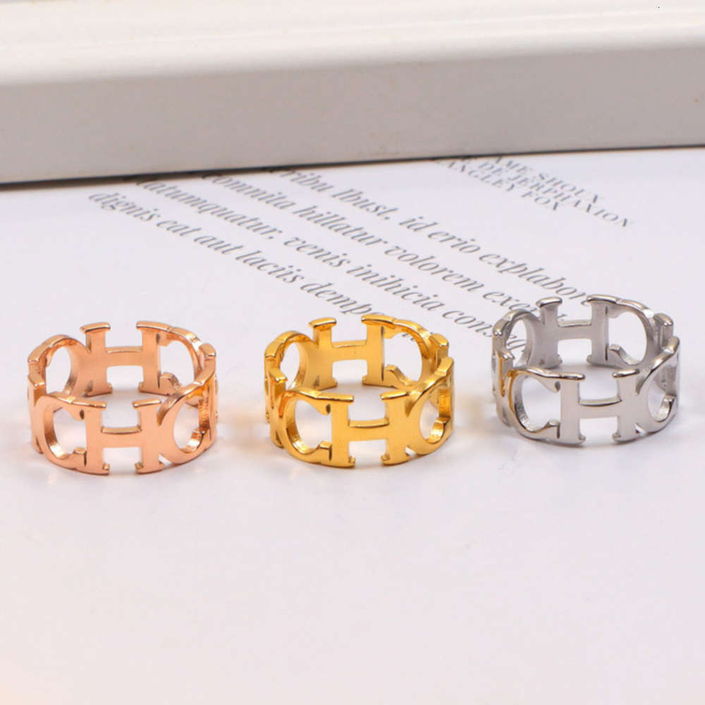 

Ch linked wide titanium plated 18k rose gold ring, Black