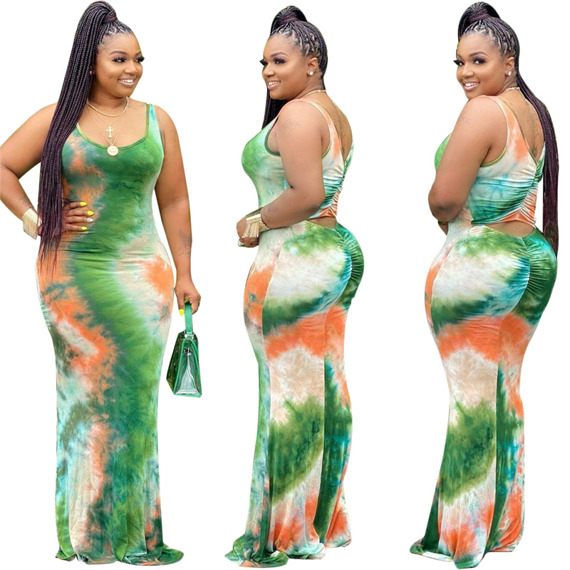 

Summer Dresses for Women Casual High Waist Sleeveless Tye Dye Dress Draped Backless Sexy Plus Size Dress Wholesale Dropshipping, Green