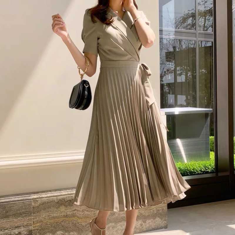 

Women's fashion Notched Neck Pleated Dress Draped Lace Up Bow Midi Dresses OL Elegant Work Wear Business Vestidos 210526, Picture color