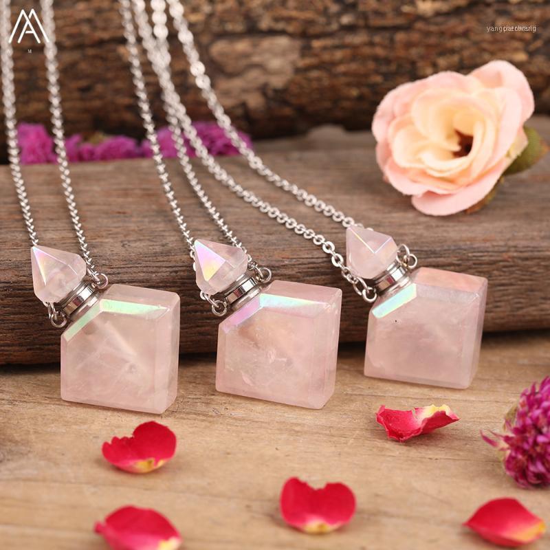 

Natural Aura Pink Roses Quartz Diamonds Perfume Bottle Pendant Necklace For Women Crystal Stone Oil Gold Necklace1