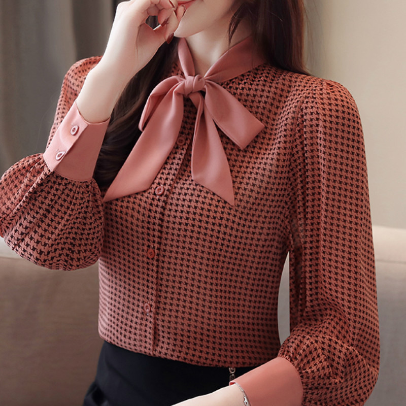 

womens tops and blouses long sleeve women shirts fashion bow collor office blouse women plaid chiffon shirt female top Plus size, Red