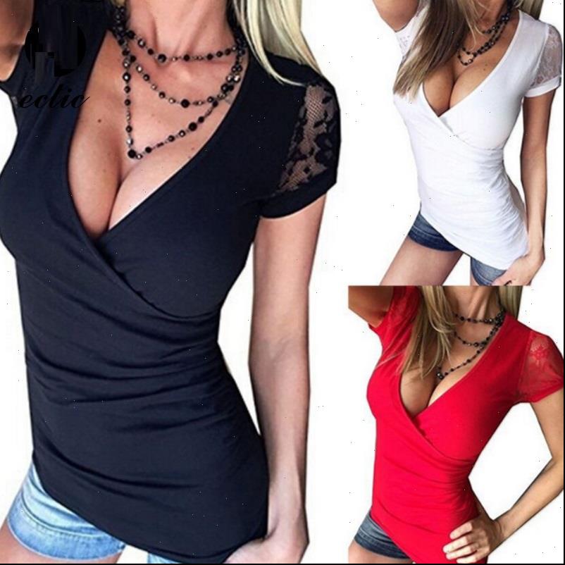 

womens wrap shirt open chest lace mesh embroidery short sleeve deep v neck t plunge harajuku punk bodycon, White