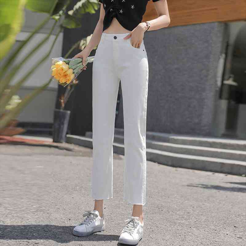 

solid white casual high waist womens jeans wome street wear ankle length straight leg summer denim pants for ladies pocket, Blue