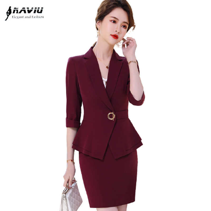 

Claret Suit Summer Temperament Slim Formal Half Sleeve Blazer And Skirt Office Ladies Business Work Wear 210604, White coat and skirt