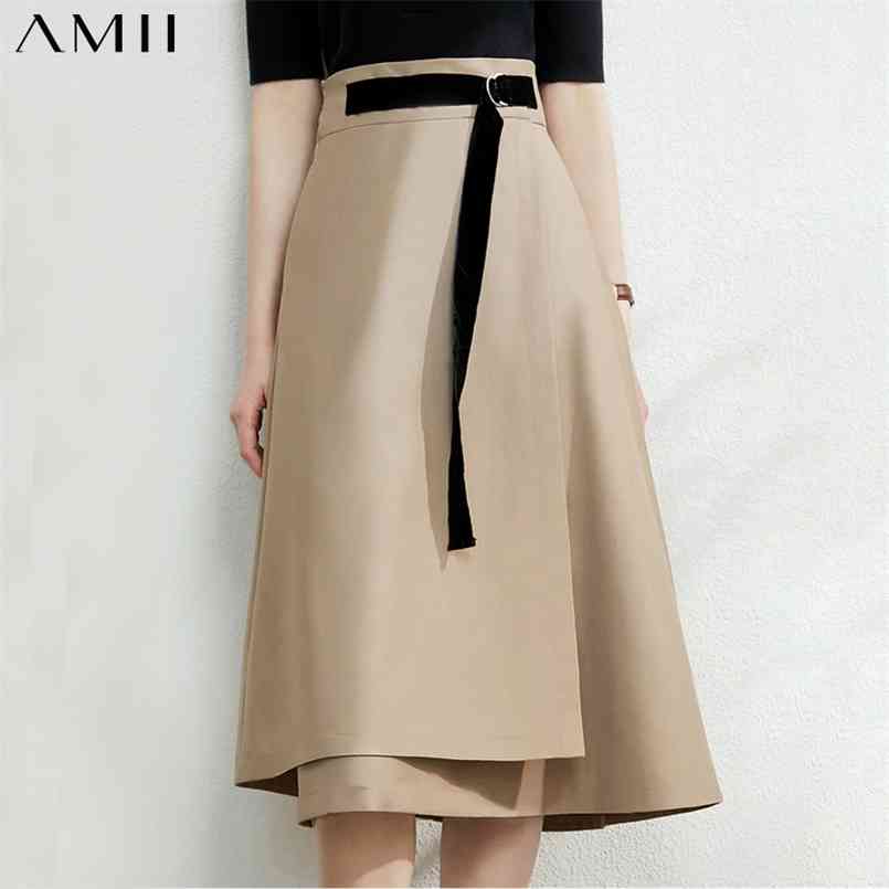 

AMII Minimalism Autumn Fashion Solid Belt Women Skirt Causal High Waist Aline Irregular Hem Female 12040091 210708, Hkaki