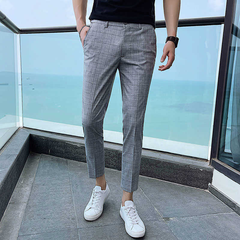 

Plaid Business Dress Pants Men Casual Slim Fit Formal Office Social Pants Streetwear Wedding Trousers Pantalon Homme Classique 210527, Gray