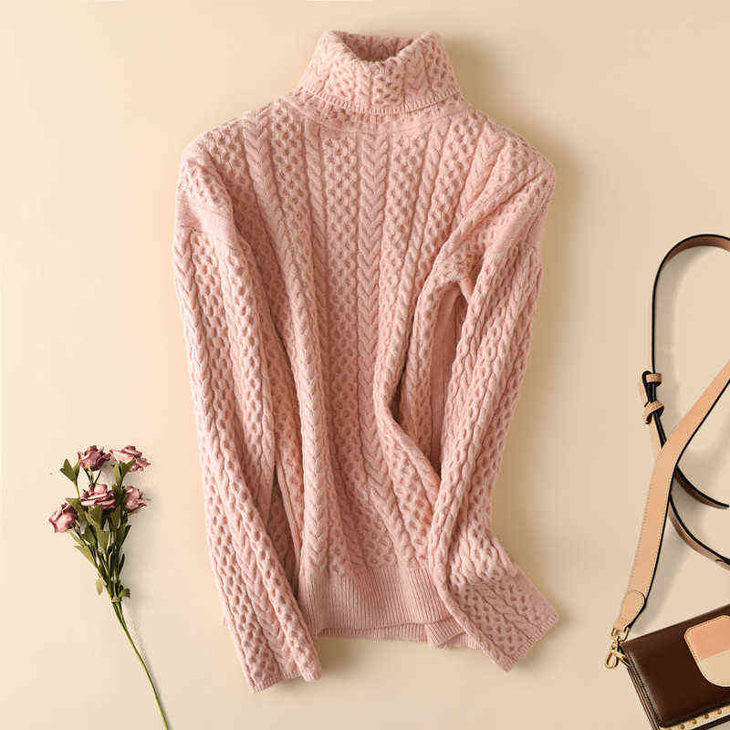 

Autumn and winter high neck cashmere sweater women's loose twist long sleeve knitted women's sweater thickened lazy wind wool bo Y1110, Wathet