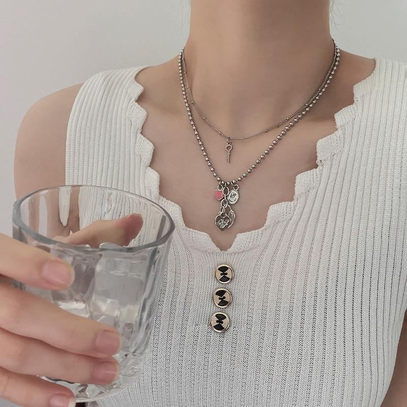 

Pendant Necklaces VSnow Double-Layer Pink Love Heart Letter Lock Key Necklace For Women Hiphop Round Bead Metal Chain Jewelry