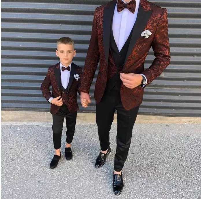 

2021New Burgundy Pattern Boy Mens Suits Slim Fit Wedding Grooms Tuxedos Peaked Lapel Formal Blazer Kid Prom Suit (Jacket+Pants X0909, Boy suit