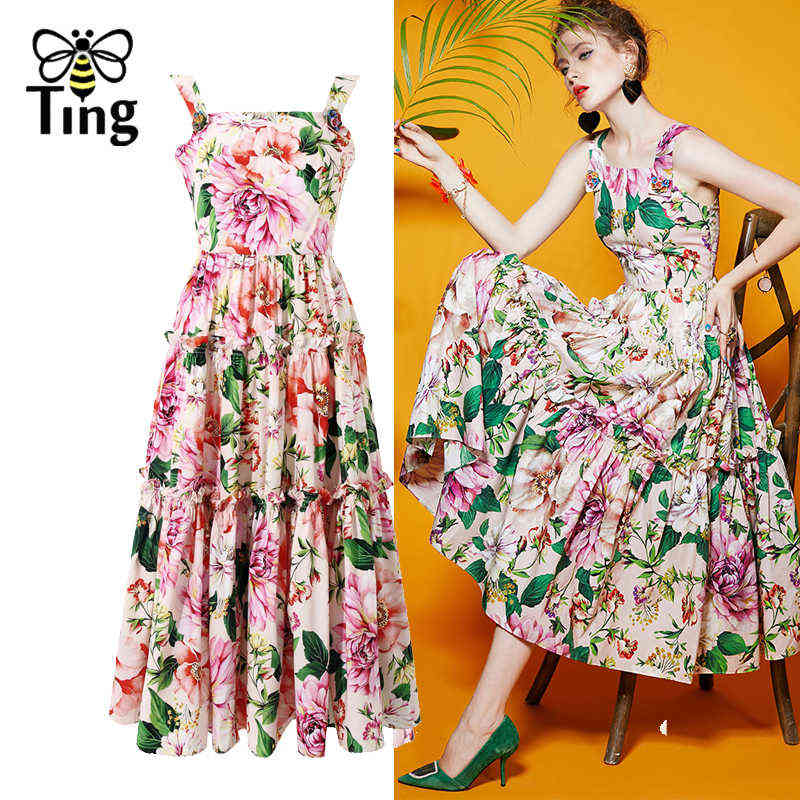 

Tingfly Runway Designer Floral Flower Pink Luxury Button Party Dinner Birthday Dresses Sleeveless Strap A Line Summer Dress Robe Y211227