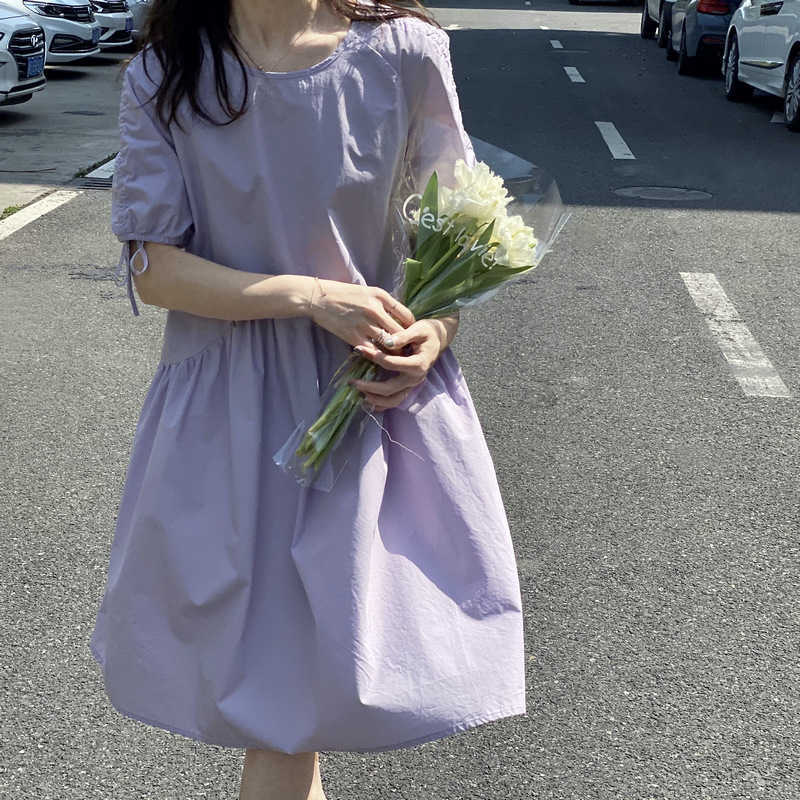 

HXJJP Summer Purple Minimalist High-waisted Korean Version Loose Dress Short Sleeve Casual Elegant 210607, Black