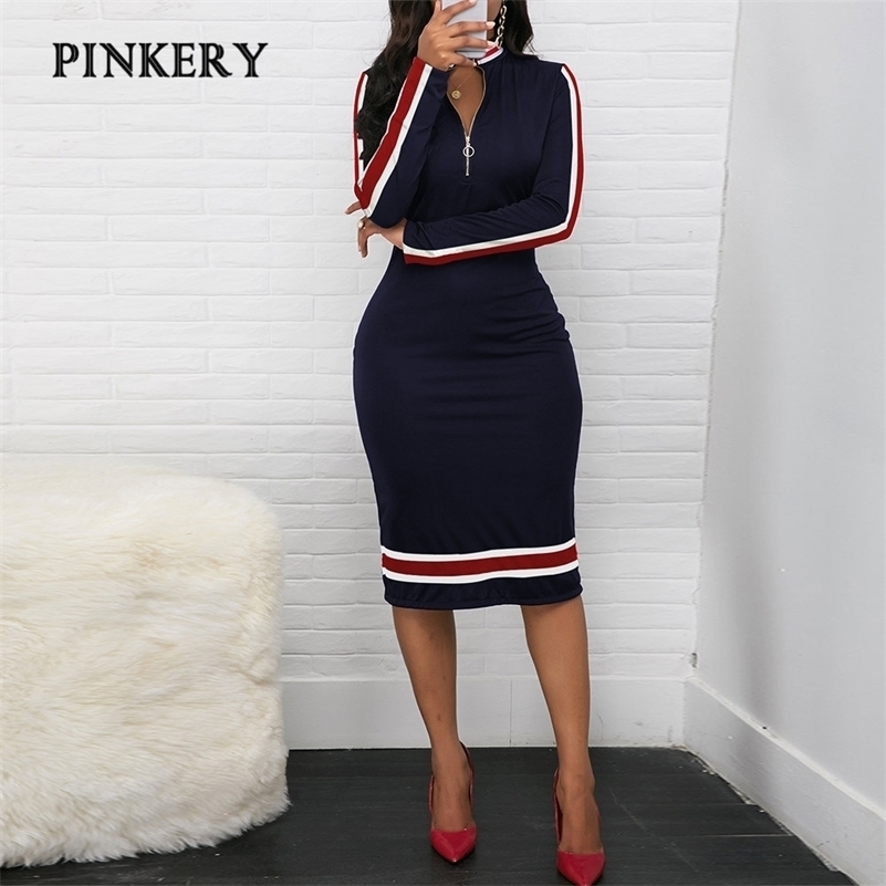 

Spring Women Long Sleeve Sport Style Dress Silver Zipper Half Neck Stripe Color Matching Dress Stretch Bodycon D30 210402, Navy blue