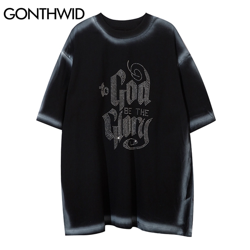 

T-Shirts Rhinestones Letters Tie Dye Casual Loose Tshirts Streetwear Hip Hop Harajuku Short Sleeve Tees Fashion Tops 210602, White