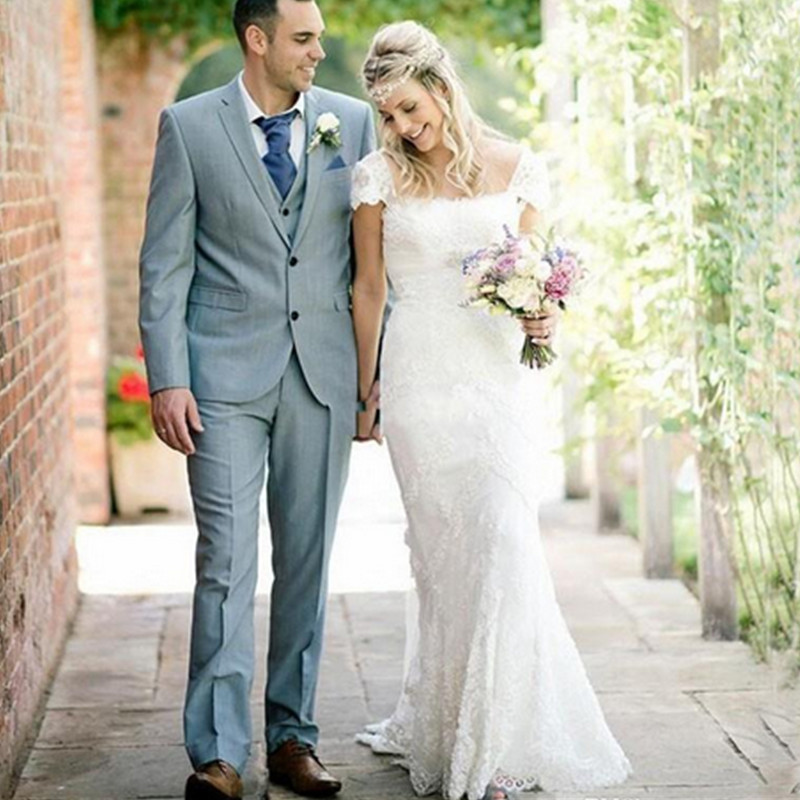 

Vintage Lace Mermaid Wedding Dresses 2020 Newest Applique Short Cap Sleeves Sweep Train Square Neck Wedding Bridal Gown robe de mariee, White