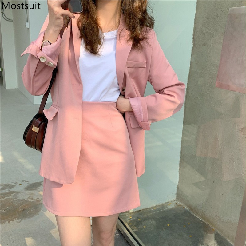 

Spring Autumn Women Two Piece Skirt Suit Office Set Elegant Long Sleeve Single Breasted Blazer Jacket + Formal Mini Skirts 210518, Pink