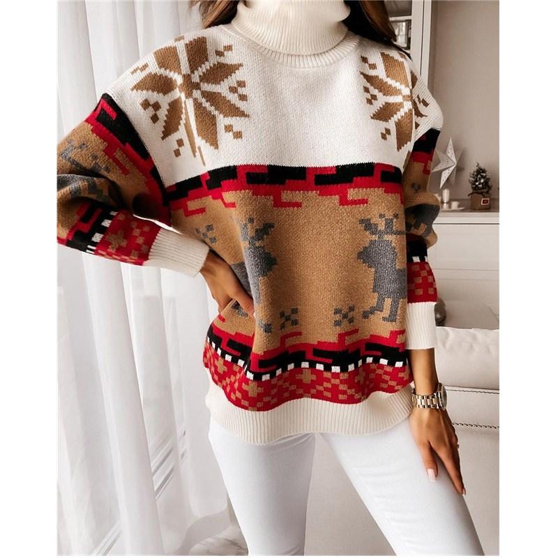 

Women's Sweaters Christmas Turtleneck Long Sleeve Elk Snowflake Pattern Loose Knit Tops Pullovers Streetwear Autumn, White
