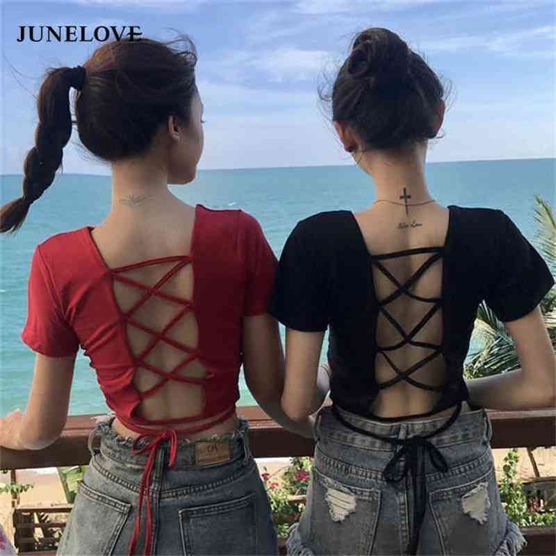 

Hollow out Lace up sexy t-shirts for women Short Sleeves Female t shirt summer crop top female O-neck tops black tee 210519, Red