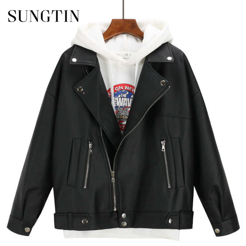 Sungtin Soft Loose Faux Leather Jacket Women Black Biker Motorcycle Coat Autumn Winter PU Short Streetwear Punk Boyfriend Style 210909