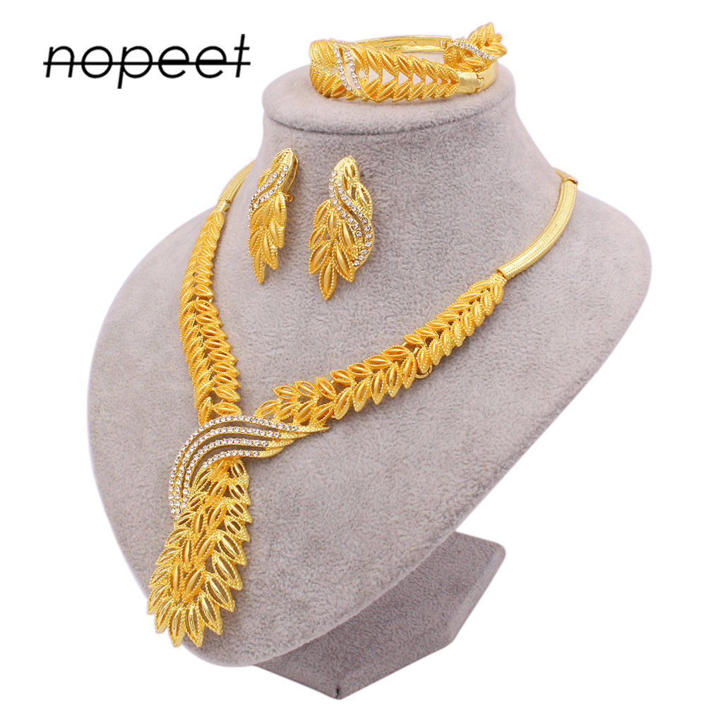 

Nopeet Supply Dubai 24K Gold Womens Jewelry Set Indian Bride Necklace Ring Earring Bracelet Four-Piece Set, Slivery;golden