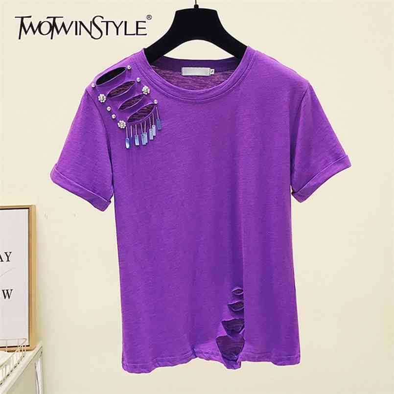 

TWOWINSYLE Casual Hollow Out Shirt For Women O Neck Short Sleeve Patchwork Diamond Shirts Female Fashionable Clothes 210524, Purple
