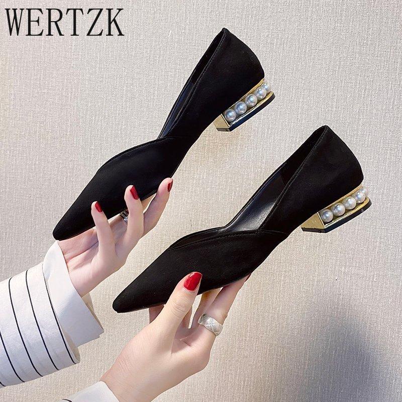 

Dress Shoes 2021 Fashion Pearls Heel Women Autumn Casual Low Heels Pumps Lady Office Work Daily Wear 2 CM, Black