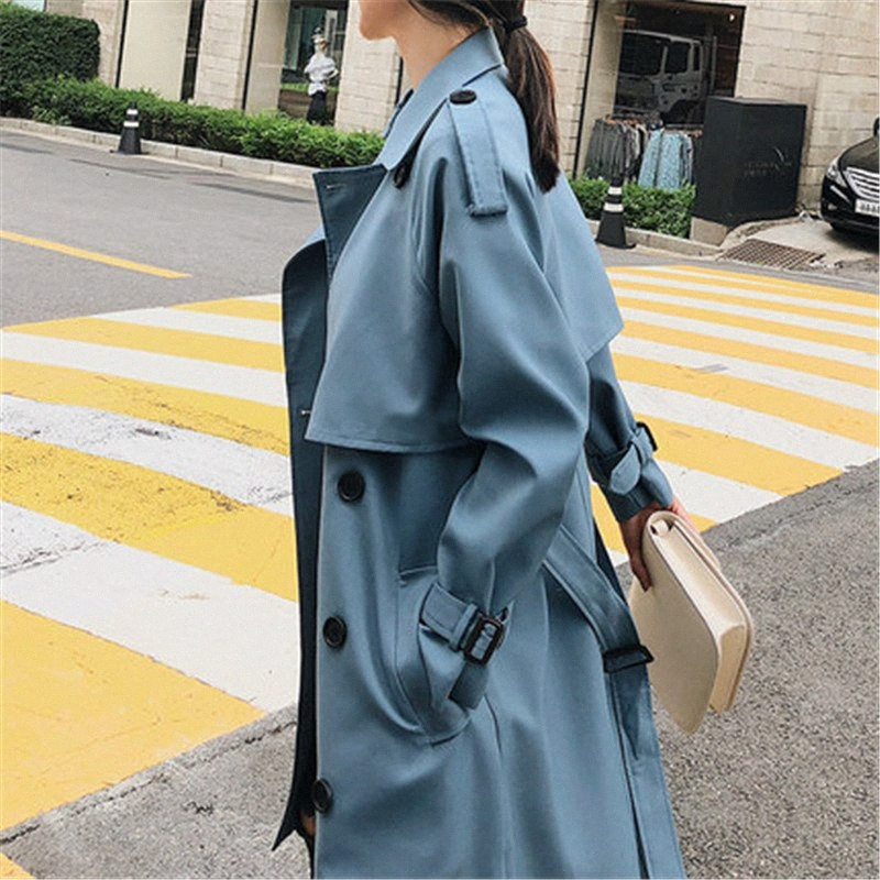 

windbreaker female spring autumn new korean leisure doublebreasted loose lady harbor wind long trench coat for women blue h5lw, Navy blue