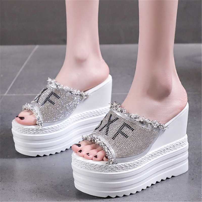 

Slippers 2021 Est Fashion Crystals Wedges Super High Heels Leisure Summer Thick Platform Sandal Women White Fish Mouth, Black