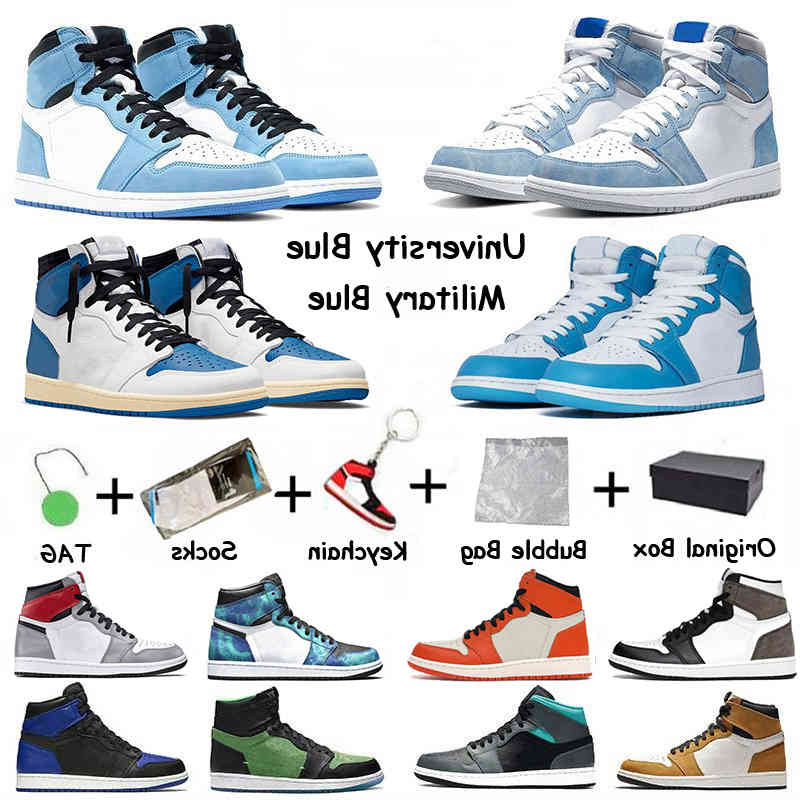 

Shoes Mens 1 OG basketball 1s University Blue silver royal toe black metallic gold mid smoke grey UNC Patent men women, 47