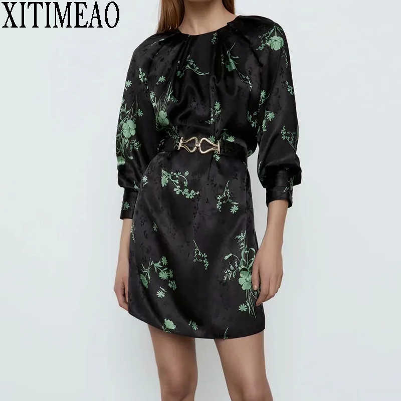 

ZA Women Retro Printing Dress Office Casual Dresses Spring Autumn With Belt Slim Mini Dress XITIMEAO 210602, Green