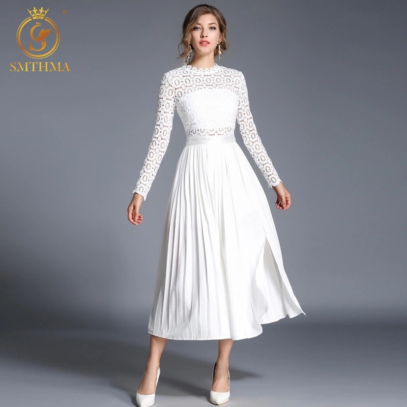 

High Quality Spring Runway High-End Custom White Lace Patchwork Long Sleeve Dress Women Party Dresses 210520, Picture color