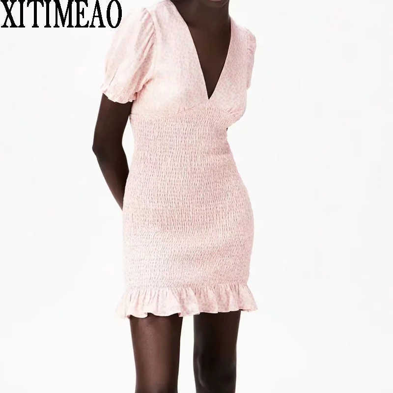 

Za Summer Vintage Sweet Print Dres Short Sleeve Slim V Neck Party Vestidos Hip Wrap 210604, Pink