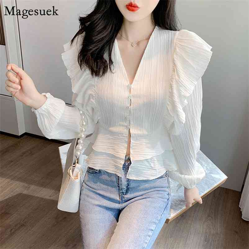 

Autumn Blusas Sweet Slim Women Tops and Blouses Chiffon Shirt Female Ruffles Shirts Cardigan Casual Clothes 10587 210518, Apricot