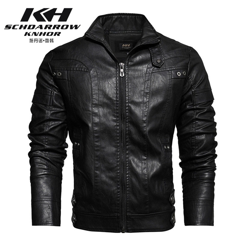 

Autumn Winter Men's Motorcycle Leather Jacket Lining with Velvet Leather Coat 211111, Black