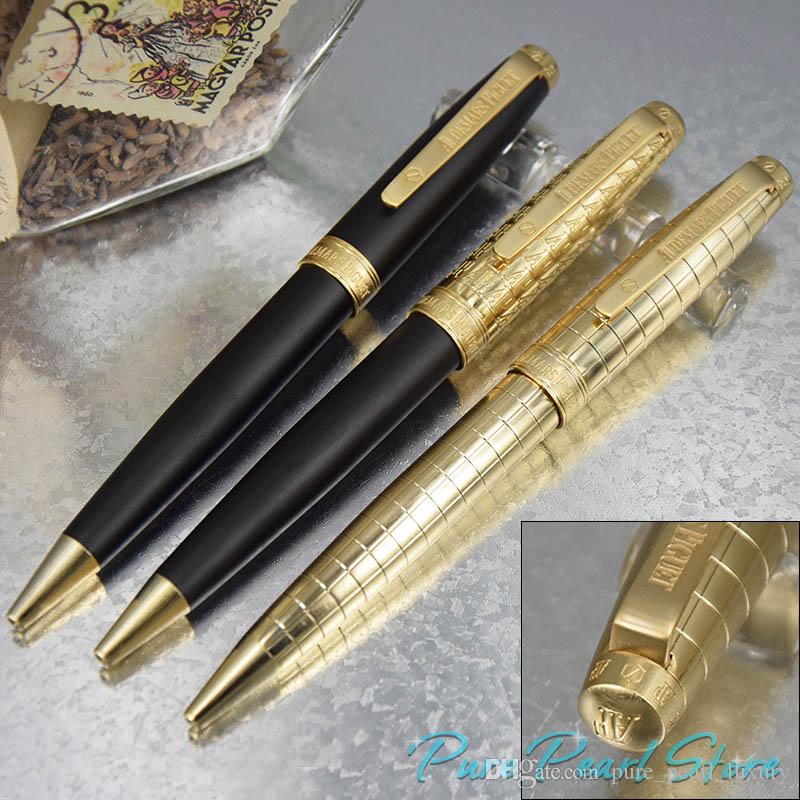 

9 Styles High Quality Classic Ballpoint Pen Luxury matte black barrel School Office stationery+Gift Refills & Plush Pouch, Golden / silver