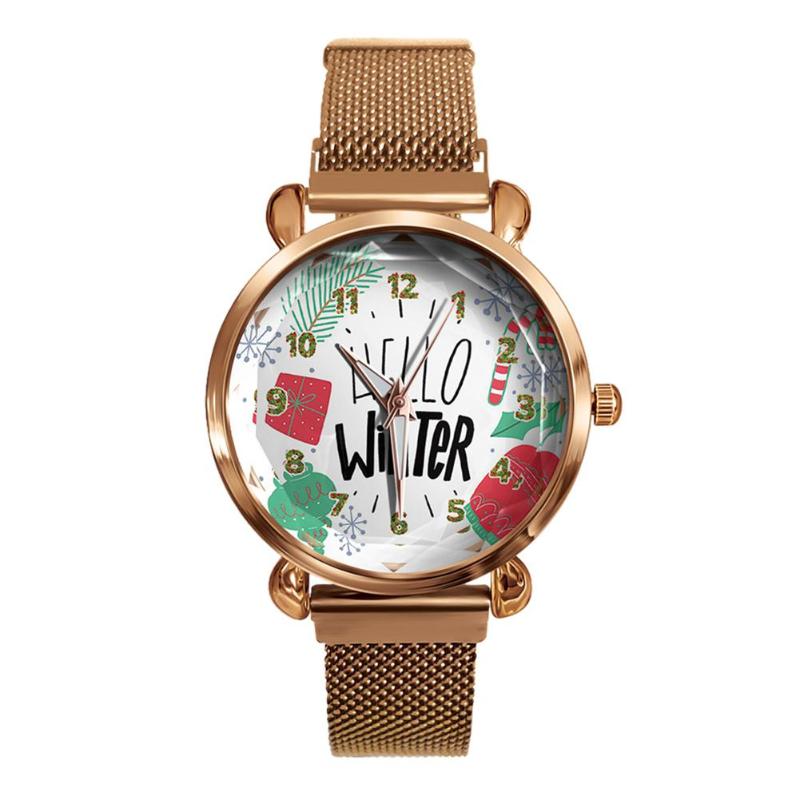 

Wristwatches LinTimes BK41-7 Women Quartz Watch Christmas Pattern Dial Magnet Buckle Fashion Lady Timepiece Metal Strap Female Watches, Gold