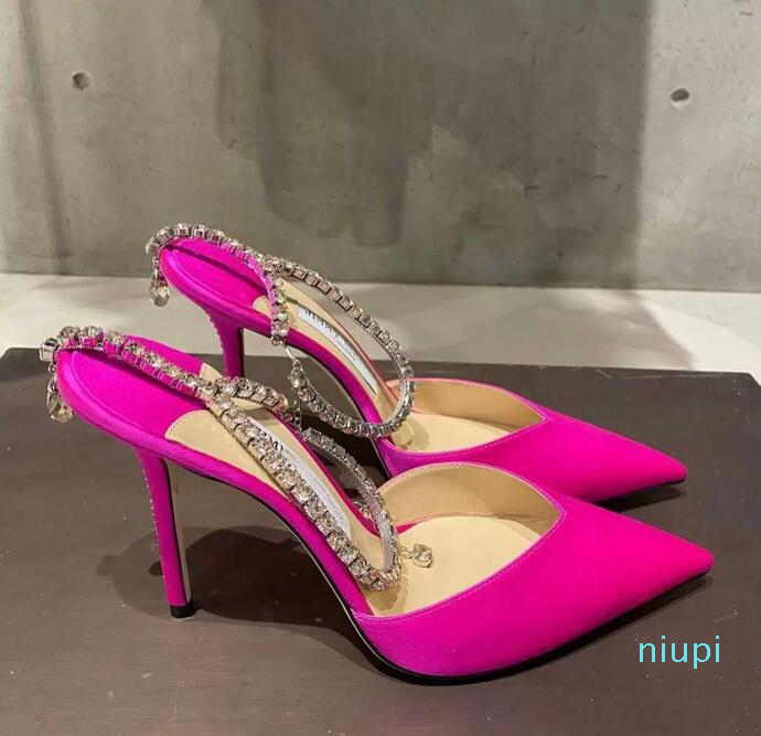 

Fashion Designer Saeda Sandals Dress Shoes Crystal Strap Pumps Satin Suede Leather High Heels Bridal Wedding Party Women's S 656