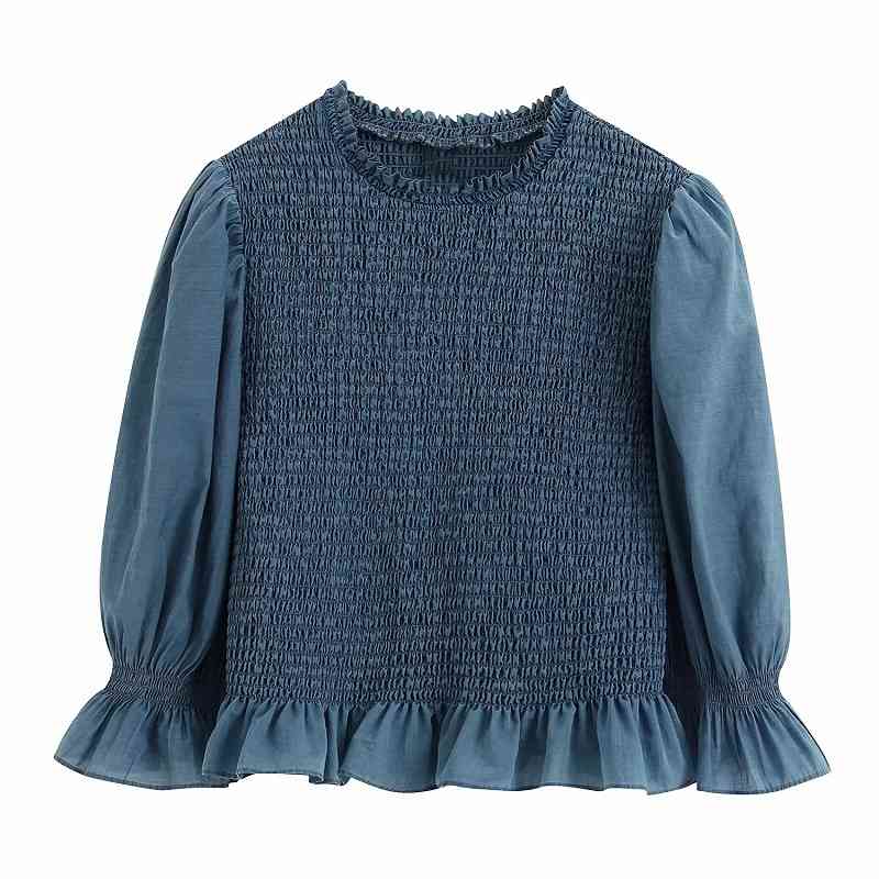 

Women Fashion Elastic Ruffled Short Blouses Vintage O Neck Half Sleeve Shirts Girls Casual Chic Tops 210520, As picture