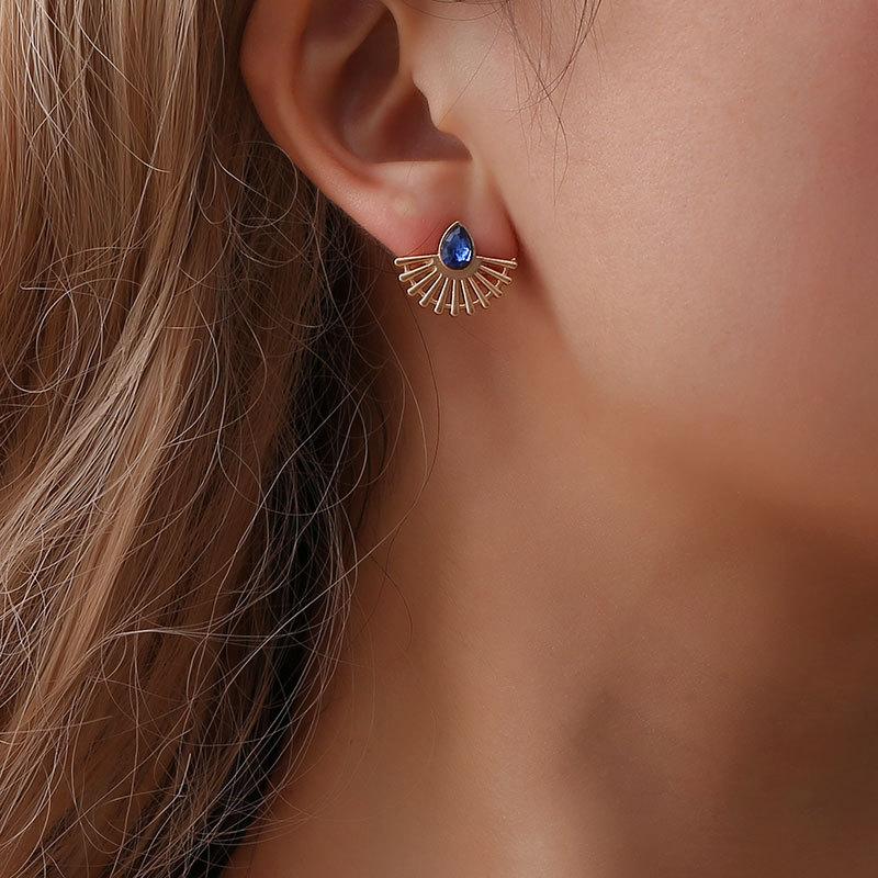 Stud European And American Fashion Blue Crystal Earrings Personality Hollowed Out Sector Women Jewelry-image-711258276