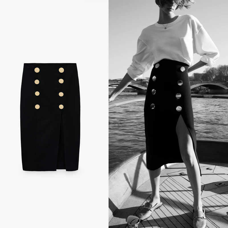 

ZA Skirt Women Women High Waist Button Pencil Midi Summer Skirts Chic Front Slit Back Zip Vintage Office Lady Black Skirt 210602