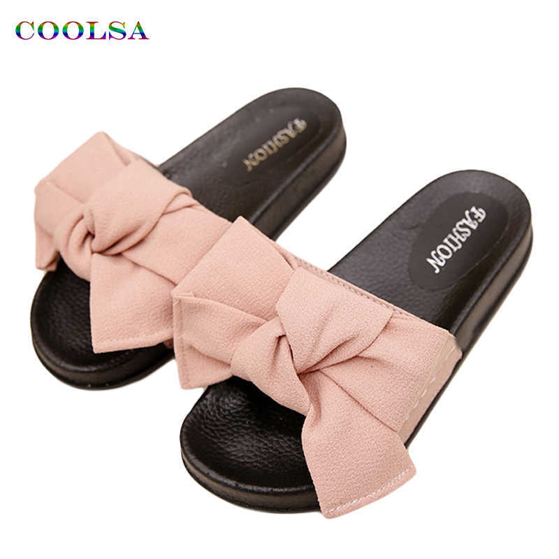 

COOLSA Summer Women's Slippers Bow Fabric Designer Flat Non-Slip Cute Slides Home Flip Flop Casual Sandal Female Tap Beach Shoes H0827, Pink